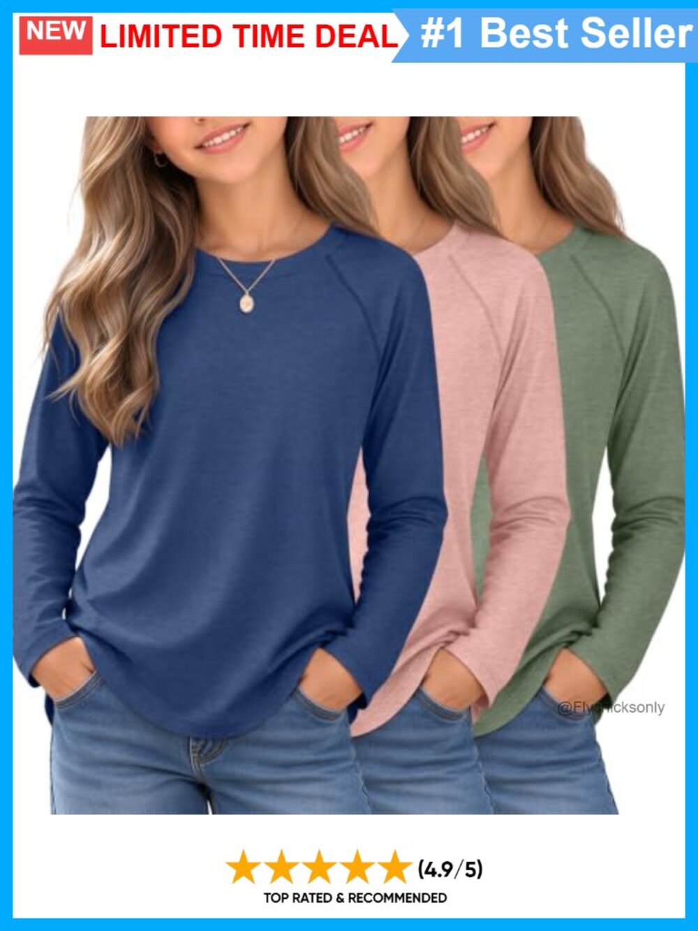 3 Pack Girls Long Sleeve Crewneck Raglan Tee Shirts